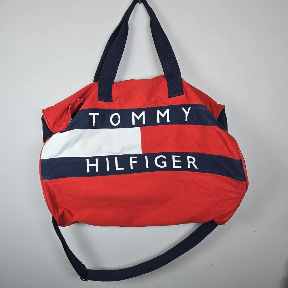 Vintage Tommy Hilfiger Red White Blue Tote Duffel Bag Large Zip Gym Activewear - Picture 14 of 14